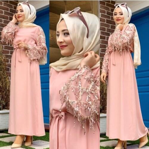 2021 New Arab Dress Muslim Fashion Tassel Sequin Splicing Long Sleeve Dress Cross Border Girls Clothes Pink