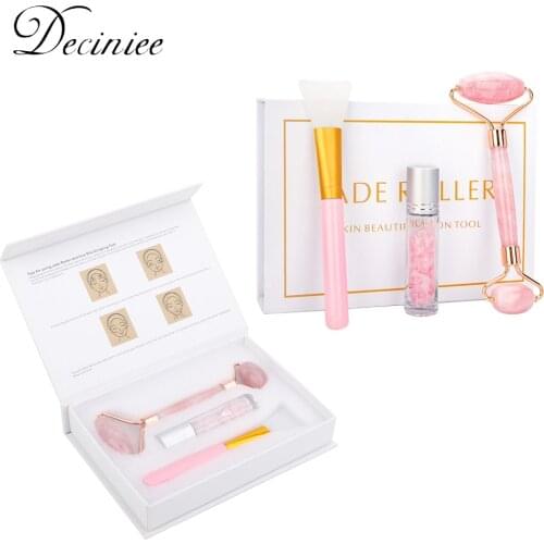 3 in 1 Natural Rose Quartz Jade Roller Face Lifting Anti Aging Real Genuine Stone Green Jade Facial Roller Beauty Massage Tool