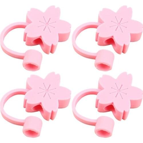 4Pcs Pink Sakura Straw Cover Reusable Drinking Straw Plugs Dust-Proof Cover