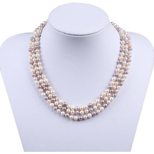 Classic Natural Freshwater Pearl Jewelry Multi Color Potato Shape Bead Three Layed Necklace For Women Party Gifts