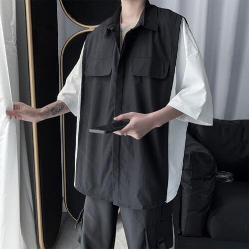 Summer Port Style Stitching Tooling Short-Sleeved Shirt Mens Trendy Brand Loose Casual Fashion Half-Sleeved Shirt Jacket