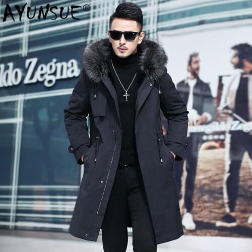 AYUNSUE Mens Parka Real Fur Coat Long Winter Jacket Men Big Raccoon Fur Collar Natural Rabbit Fur Liner Parkas Man C29A717271