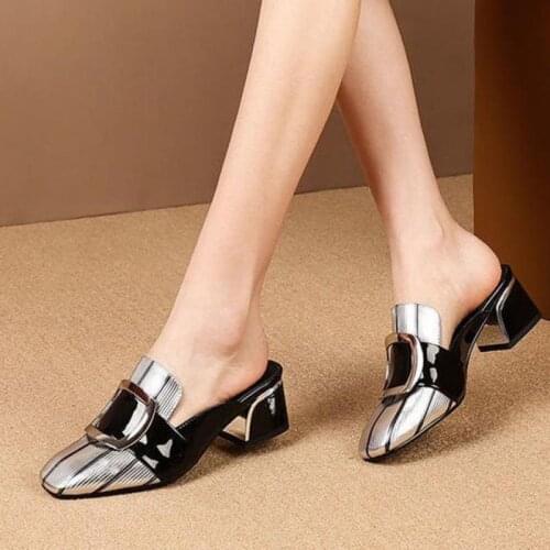 Silver Sexy Mules Shoes Women Square Heel Slippers Summer Sandals Slides Ladies 2021 Hot Ytmtloy Zapatillas Casa Mujer Sepatu