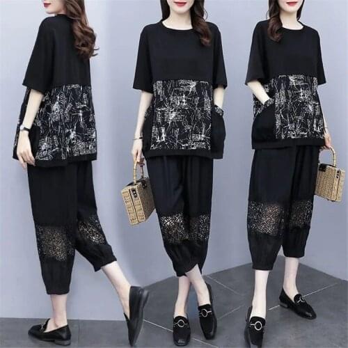 2021 Female New Summer Middle Aged Women Casual Fashion Loose Short-sleeve o-neck Top Two Piece Suit Plus Size Pants Suits