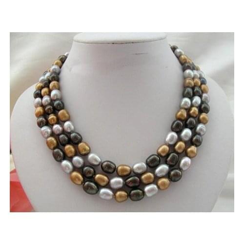 New Arriver Pearl Necklace,Super 3 Rows 10-13mm Black Coffee Gray Color Freshwater Cultured Pearl Jewellery,Free Shipping
