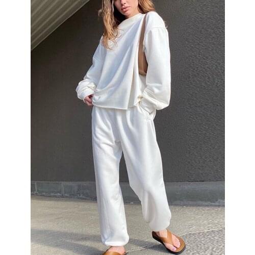 New Casual Solid 2 Piece Set Women Batwing Long Sleeve Pullover Sweatshirt Elastic Waist Full Length Straight Pants Set Lady