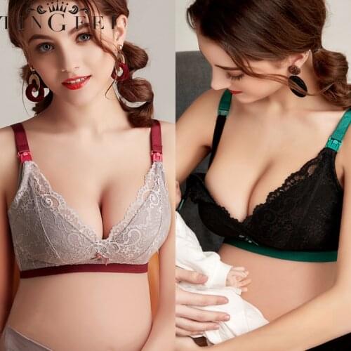 TINGFEI Pregnant Women Sexy Nursing Bra Cotton Summer Feeding Lactation Lace Underwear Wire Free Upper Open-button Bra