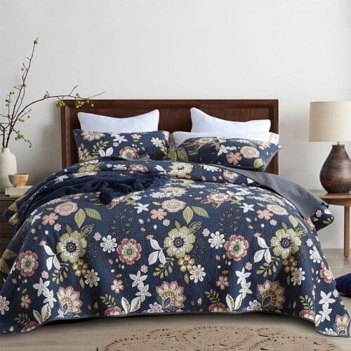 CHAUSUB Bedspread Cotton Quilt Set 3PCS Flowers Printed Coverlets Cover Pillowcase King Queen Size Summer Quilted Quilts Blanket