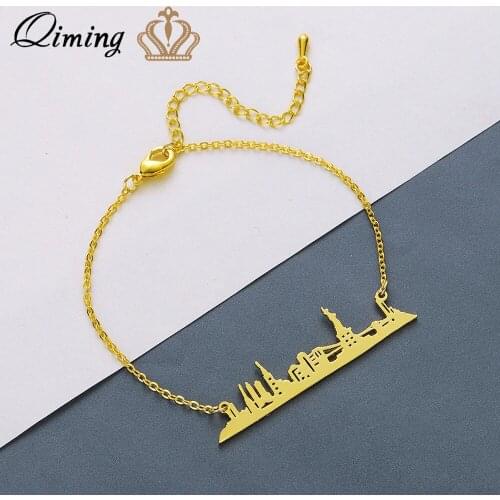 QIMING Stainless Steel Bracelet Women Gold Chain Link New York City Fashion Statement Jewelry USA Bracelets Femme Gift
