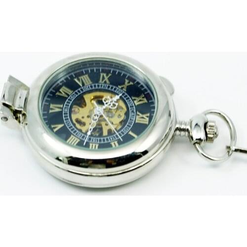 Silver Mechanical Pocket Watch for Men Gifts Fob Chains Skeleton Steampunk Hand-Winding Mechanical Watch PJX1248