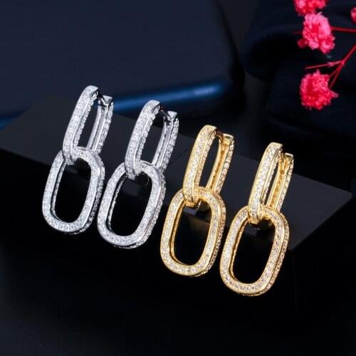 Korean Fashion Micro Pave Cubic Zirconia Geometric Cuban Link Chain Rectangle Huggie Drop Earring For Women Jewelry Dropshipping
