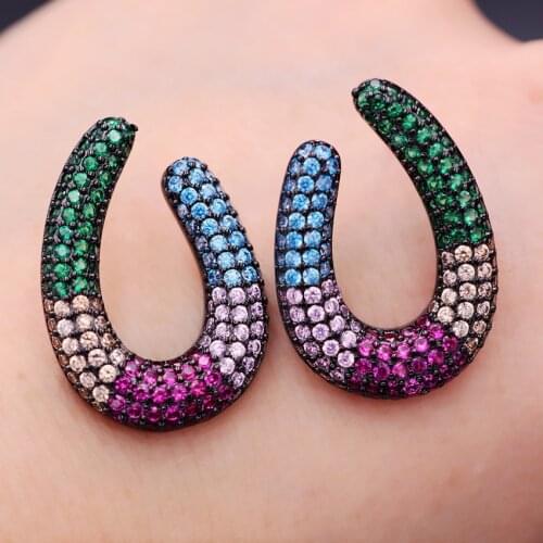 Unique Circle Oval Colorful Earrings Full Pave Cubic Zirconia Teardrop U Shaped Gold Color Earrings geometric women boho Jewelry