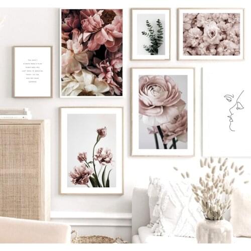 Scandinavian Pink Flower Leaves Botanical Poster Kiss Quote Nordic Wall Art Print Picture Canvas Painting Living Room Decoration