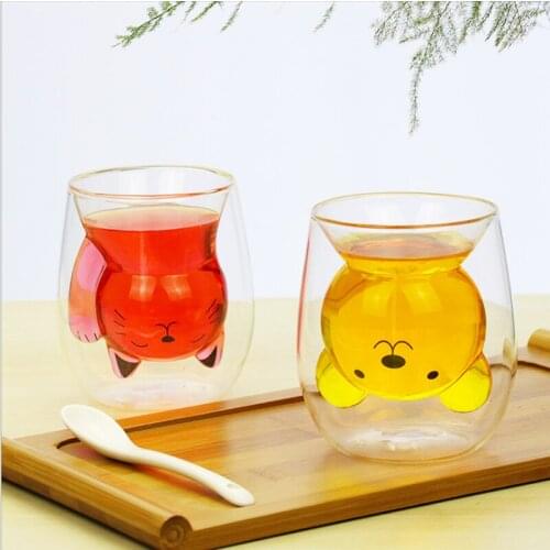 250ML Double Wall Creative Heat-resistant Bear Cat Glass Insulated Cute Animal Cartoon Shape Milk Water Breakfast Cup