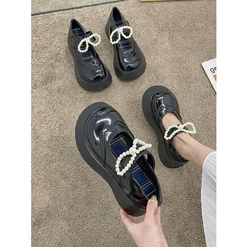 Mary Jane Thick-Soled Womens Shoes Spring And Summer New Sweet Bow All-Match Shallow Mouth Velcro Small Leather Shoes