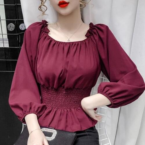 Women Blouse Autumn Doll Shirt Square Collar Long Sleeve Short Chiffon Womens Top Blusas Ropa De Mujer