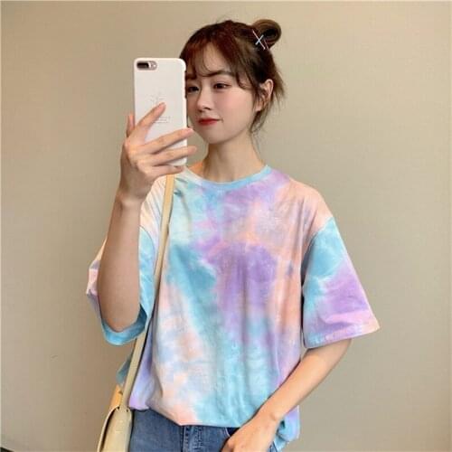 QRWR Summer T Shirt Women 2021 Korean O Neck Vintage Short Sleeve Womens Top Straight Loose Tie dye T Shirt M-XXL