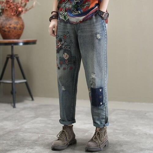 New Arrival 2020 Spring Korea Fashion Women Loose Casual Cotton Denim Harem Pants Vintage Embroidery Jeans Plus Size S598
