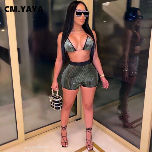 CM.YAYA Women Set Solid Bandage Halter Bra Tops Stretchy Shorts Two 2 Piece Sets Sexy Night Clubwear Summer Outfit Beachwear