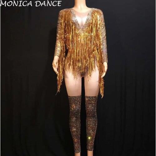 Women Gold Fringes Rhinestones Sexy Jumpsuit Women Jazz Dance Big Stretch Leotard Outfit Evening Show One-piece Sexy Costume