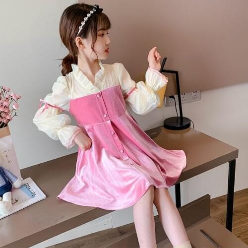 Girls Velvet Dress Pink Navy Lantern Sleeves Party Dress New Elegant Birthday Celebration Dress for Teenage Girls 10 12 Years