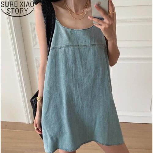 2021 Summer Dress Vintage Solid U-neck Loose Denim Sling Dress for Women Simple Sleeveless Mini Dresses Casual Vestido 14483