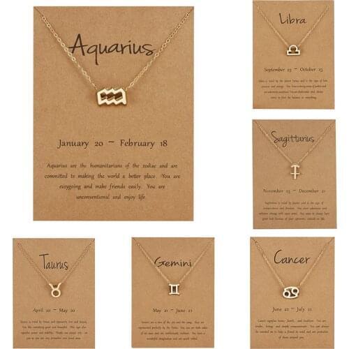 Fashion 12 Constellation Zodiac Sign Pendant Necklace For Women Classic Gold Color Choker Birthday Gifts Jewelry Wish Card