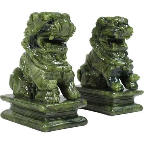 1 Pair China Green Jade Carved Fengshui Foo Fu Dog Guard Door Lion Office Decor