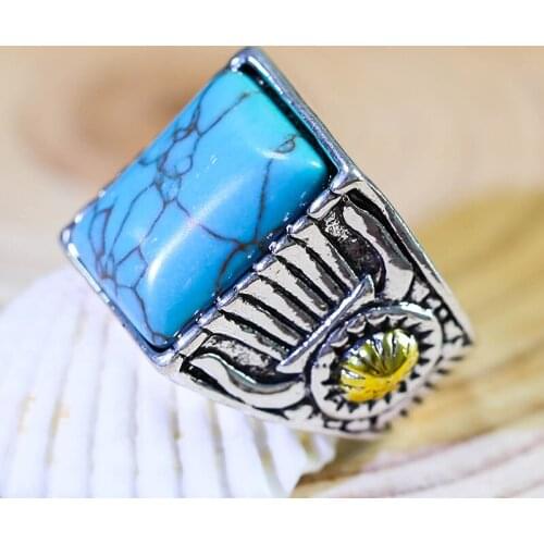 Bohemian Vintage Large Blue Stone Rings For Women Fashion Indian Jewelry Cuban Carved Pattern Knuckle Rings Anillo Man Wholesale