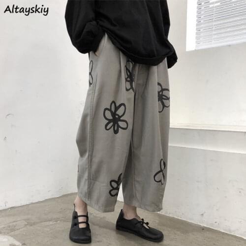 Pants Women Harajuku New Students Loose All-match Ins Wide Leg Mujer Flower-print Summer Casual Ankle-length Fashion Breathable