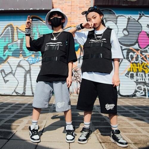 2021 Children Jazz Performance Costumes Loose Black Vest Hiphop Outfits Boys Girls Modern Dance Hip Hop Rave Clothes DQS6965