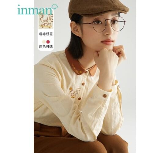 INMAN Autumn Spring Womens Blouse Artsy Color Contrast Peter-Pan Collar Kawaii Fun Embroidery Classic Long Sleeve Shirt