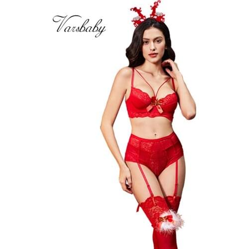 Varsbaby sexy christmas new style deep V 4pcs bras+panties+stockings+antler headband bra set for ladies