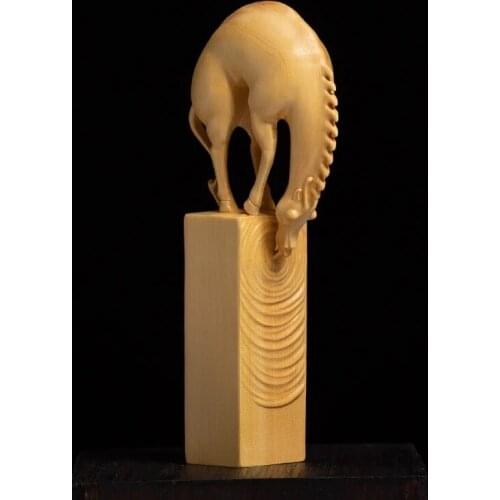HORSE DRINKING RIVER LAKE BOXWOOD SOLID WOOD SEAL ANIMAL SCULPTURE CARRYING LUCKY ZODIAC CARVING DECORATION