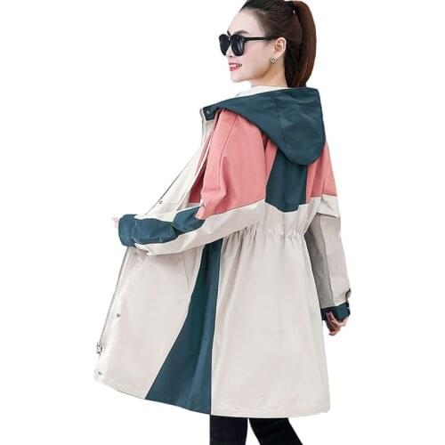 2021 Fashion Thin Trench coat Women Spring Autumn Hooded Outerwear Splice Long Windbreaker Student Female tops plus size OK591