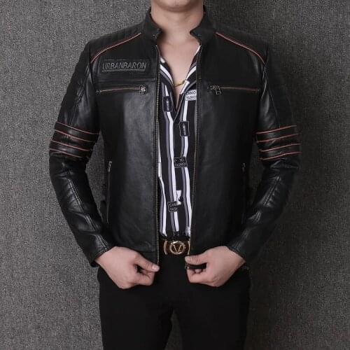 Men Motorcycle Leather Jacket Genuine Leather Outerwear First Layer Cowhide Leather Short Jacket Skull Pattern Stand Collar