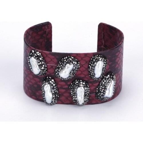Natural Irragular Freshwater Pearl Bead Charm Pave Rhinestone Dark Red Real Snake Leather Wide Open Bangle Cuff Bracelet Women