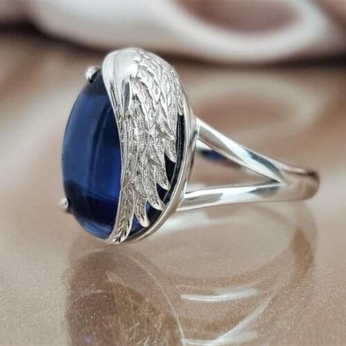 2019 New Luxury Silver Color Blue Colour CZ Crystal Ring Silver Color Feather Rings For Girls Female Party Rings Jewelry Gifts