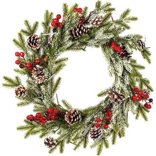 New 20 inch Christmas Door Wreath - Unique White Pinecone Red Fruit Frosted Flocking Pendant Decor for Front Door, Window