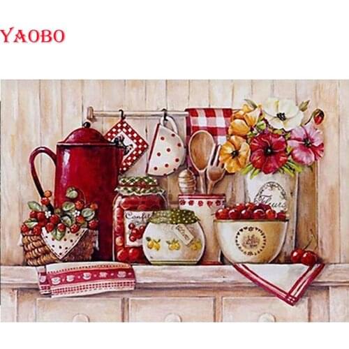 Full Square Round 5D DIY Diamond Painting Red Tablewares pictures diamond Embroidery Mosaic Diamond Cross Stitch,Kitchen decor