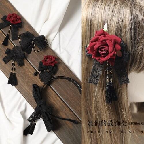 Lolita Gothic Teen Girl Handmade Bowknot Hairpin Dark Red Rose Scarlet Hair Accessories Lace Crystal Pendant Tassel Headdress