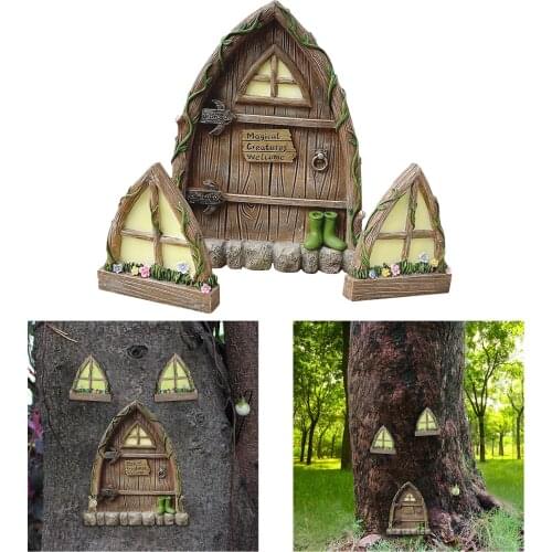 Fairy Door and Fairy Window for Tree Trunk Decoration, Miniature Fairy Gnome Window Door Figurines