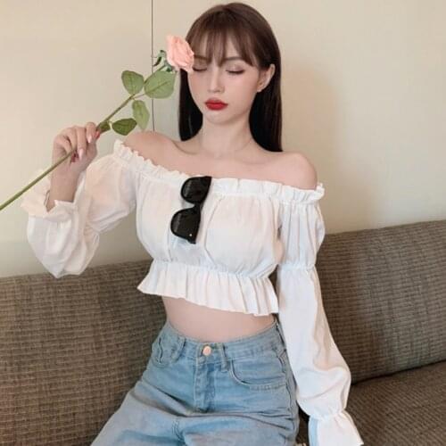 Slash Neck Collar Puff Sleeve Women Blouse Slash Neck Off Shoulder Solid Color Fashion Shirt Tops