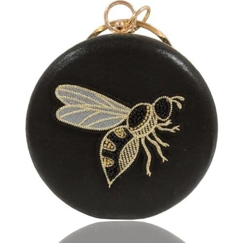 DAIWEI Women Shoulder Bag Round Shape Hard Box Clutch PU Leather Party Purse Evening Clutch Bags Bee Embroidery Handbag