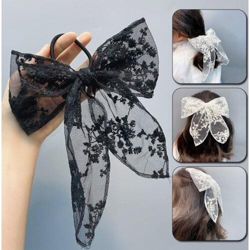 Women Lace Bow Hairpins Hair Rope Black White Sweet Headband Girl Ribbon Vintage Hair Clip Hair Ornament Hair Bowknot Accessory
