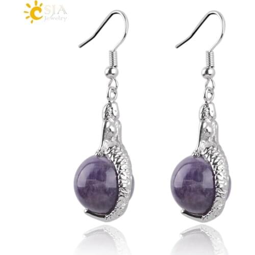 CSJA Little Mermaid Girl Hook Drop Earring Round Natural Stone Bead Love Pendant Opal Pink Purple Quartz Crystal Jewelry E089