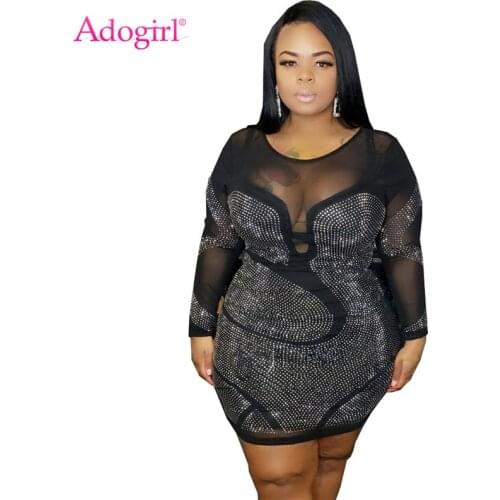 Adogirl XL-5XL Plus Size Women Diamonds Sheer Mesh Dress O Neck Long Sleeve Bodycon Mini Night Club Party Dresses Vestidos
