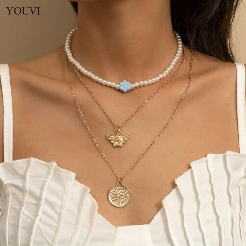 YOUVI Vintage Pearl Beads Chains Necklace for Women Korean Fashion Pearl Necklace Set Jewelry Charm Goth Choker Womens Collar