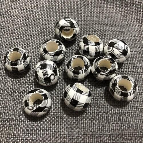 20mm DIY Wood Beads Balls Round Balls Kids Christmas Black White Red Checkered Decoration Big Hole Wooden Charms 10Pcs