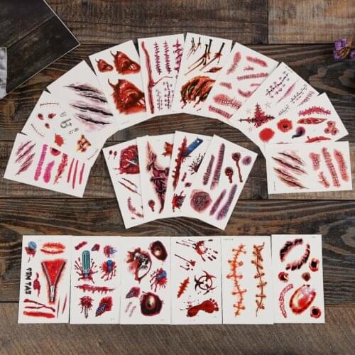 10pc New Horror Joke Halloween Props Decor Zombie Scars Tattoos Fake Scab Bloody Makeup Wound Scary Blood Injury Sticker Toys